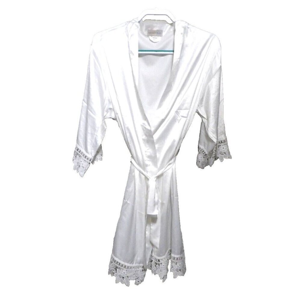 KENNEDY BLUE white lightweight silky feel short women's robe with lace OS, NEW